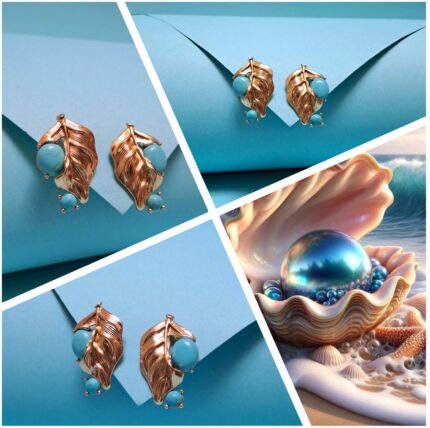 Golden Leaf Earrings with Blue Turquoise | 18K Gold-Plated